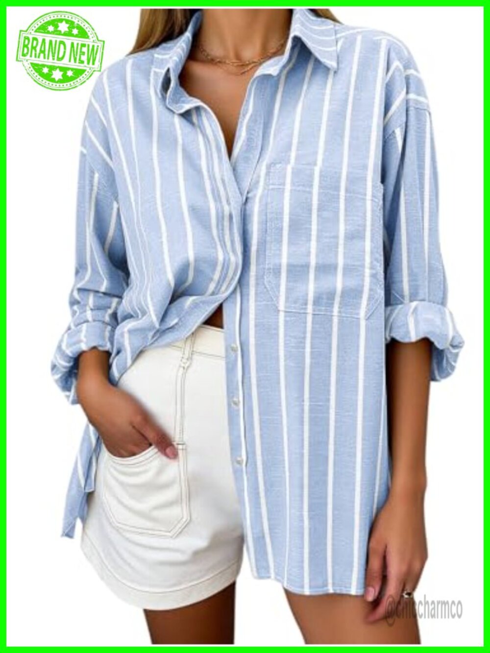 Women's Oversized Cotton Button Down Shirt Long Sleeve Collared Blouse Pocket
